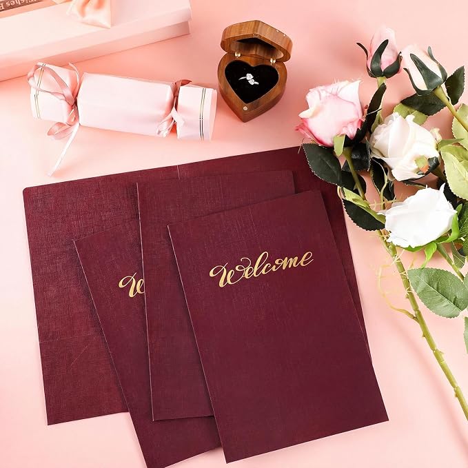 Affrolling 50 Pack 6 x 9 Inch Welcome Pocket Folders Church Visitor Welcome Folder Presentation Folder Employee File Folders for Weddings, Party, Conference, Seminars, Bar Mitzvah(Burgundy Linen)