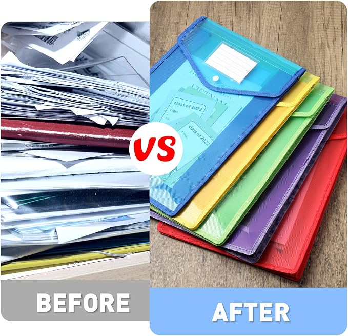 10 Pieces Plastic File Folders Envelope Expanding File Wallet Organizer Documents Folder with Snap Closure and Pocket B4 Waterproof Transparent Pouch for School Office(Colorful,Vertical)