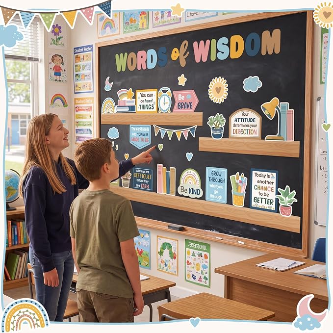 Qilery Bookshelf Bulletin Board Set, Pastel Boho Words of Wisdom Motivational Classroom Decor, Inspirational Cutouts for Back to School Reading Corner Teacher Supplies, Positive Affirmation Wall Decor