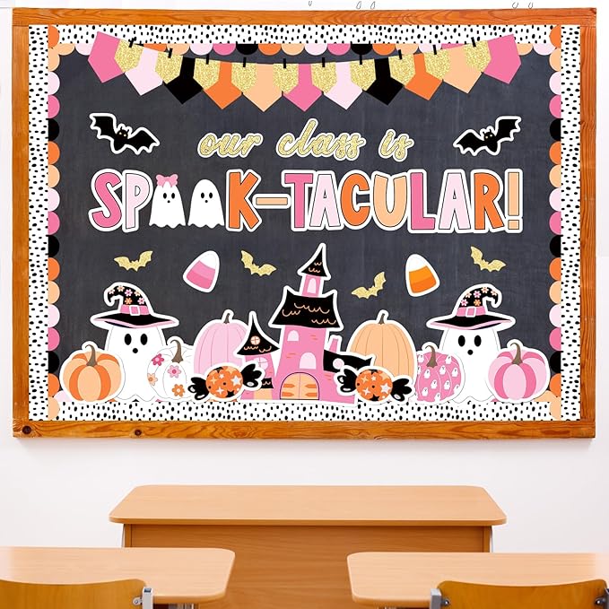 JarThenaAMCS 98 Pcs Halloween Ghost Bulletin Board Decorations Halloween Classroom Decoration Pink Cute Boo Pumpkin Bat Castle Cutouts with 150 Pcs Glue Points for School Library Wall Door Decor