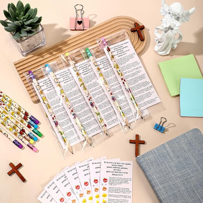 Dunzoom 36 Set Fruits of The Spirit Gift Fruit Scented Pencil with Eraser Christian Bookmark Religious Sunday School Prize Christian VBS Gifts for Church Gift Exchange (English)