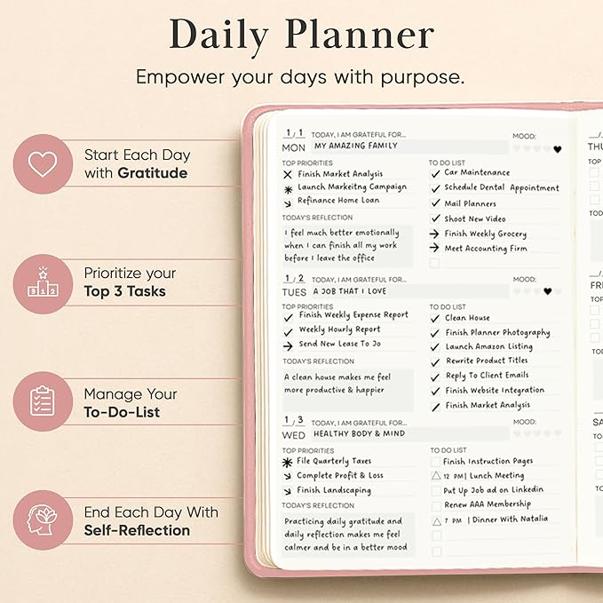 2026 Planner, Daily Journal & Gratitude Journal All-In-One with To Do List, Self Care Prompts & Habit Tracker - 7 x 10 - Pink