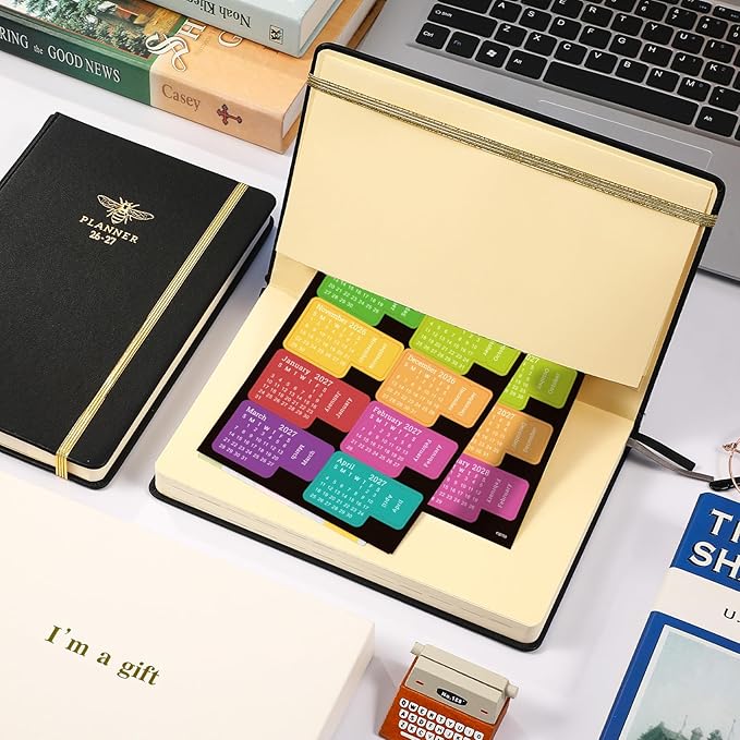 2026-2027 Planner - Planner 2026-2027 Weekly and Monthly with Calendar Stickers, JUL 2026 - JUN 2027, 5.75" x 8.25", Saffiano Leather, Pen Loop, Back Pocket - Black Bee