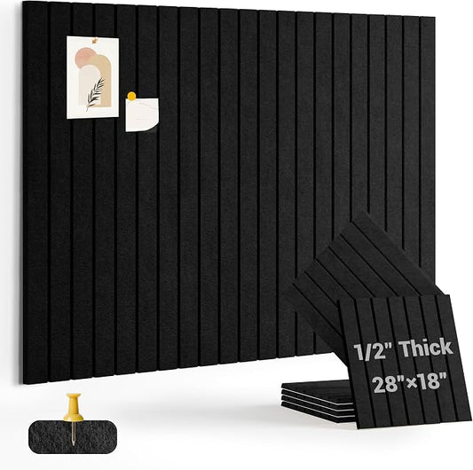 1/2" Thick Cork Board for Office, 6 Pack Felt Wall Tiles -28"x18" with Safe Adhesive Tabs, Large Bulletin Board, Push Pin Board Organizer Wall - Black