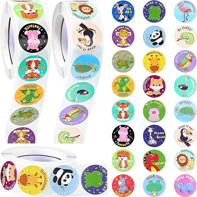 Outus 3 Rolls Motivational Stickers for Kids, 1500 Pcs Inspirational Cartoon Reward Stickers Teacher Supplies for Potty Training School Classroom Students Prizes, 24 Designs(Animal Style)