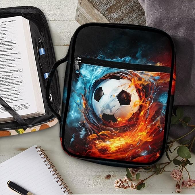 Coldinair Soccer Print Bible Cover with Handle - Polyester Bible Bag Journal Case for Men and Women