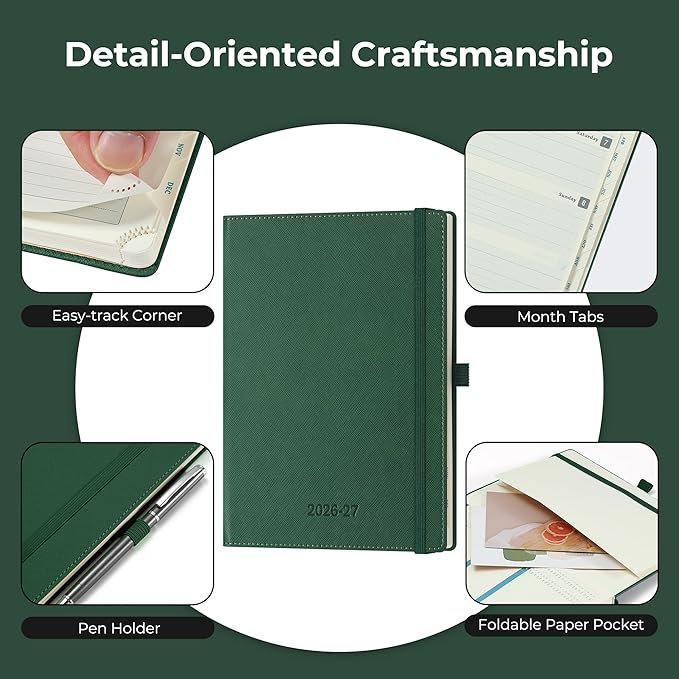 Weekly Monthly 2026-2027 Planner (July 26-Dec 27),8.5"x6.5",18 Months Agenda Plan with Month Tabs & Pocket,Expenses/Note Pages, Academic Calendar with Vegan Leather Cover,Green