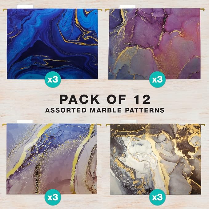 Global Printed Products Deluxe Designer Printed Hanging File Folders, 4 Patterns, Letter Size, 12/pk (Marble)