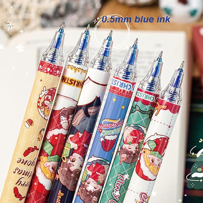 MOZXIRZ 6 Pcs Cute Christmas Erasable Pens Retractable Erasable Gel Ink Pen Cartoon Xmad Pens 0.5mm Blue Ink Pen Writing Pen Office School Pens Women Girls Boys (Blue Ink-Christmas)