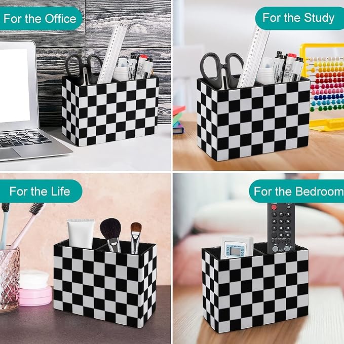Black and white checkered pen holder storage box, with two compartments, PU leather desktop for storing pens and cups, small items organizer