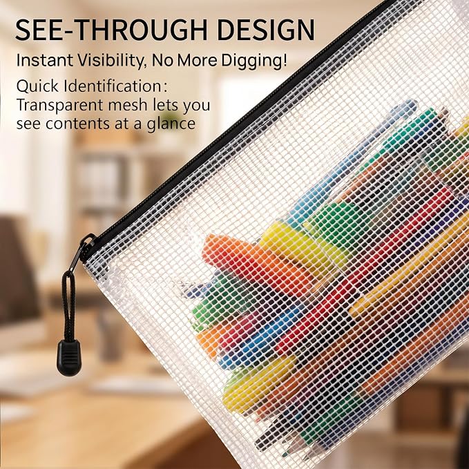 RAINFLOW a4 Mesh Zipper Pouch Bags - 12 PCS Reusable Mesh Bags with Zipper Waterproof Storage Bag Organizer for Document Toy Storage Classroom Organization and Storages Office Supplies in Multicolor