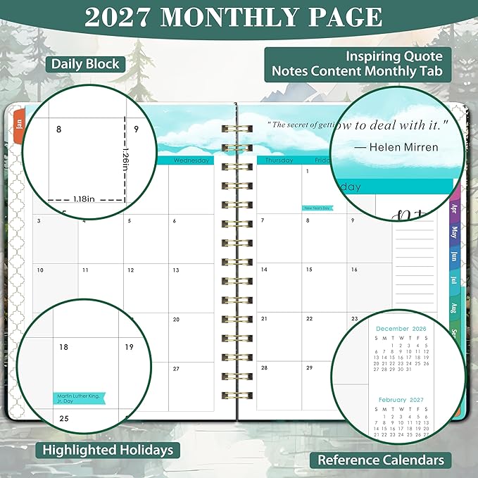2027 Planner - Jan. 2027 to Dec. 2027, 2027 Planner Weekly and Monthly with 12 Colorful Monthly Tabs, Elastic Closure, Inner Pocket, 6.3" x 8.4" - Forest Landscape