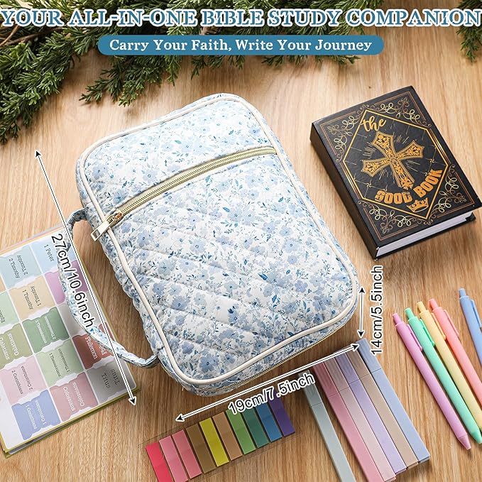Large Bible Bag Quilted Bible Cover Case Kit for Women Church Bag with Shoulder Strap Study Supplies Christian Gifts(Blue Flower)