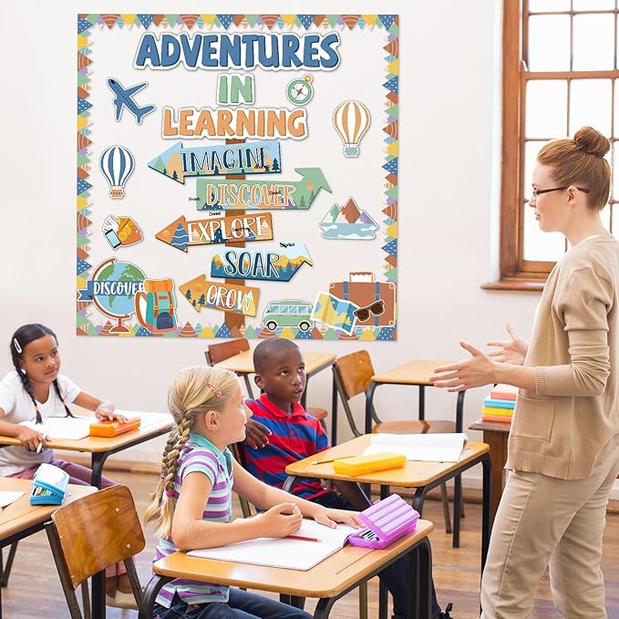 Adventures in Learn Bulletin Board Set Let The Adventure Begin Moving Mountains Classroom Decorations Travel Theme Bulletin Board Let's Explore Voyage Motivational Paper Cutouts for Classroom Decor