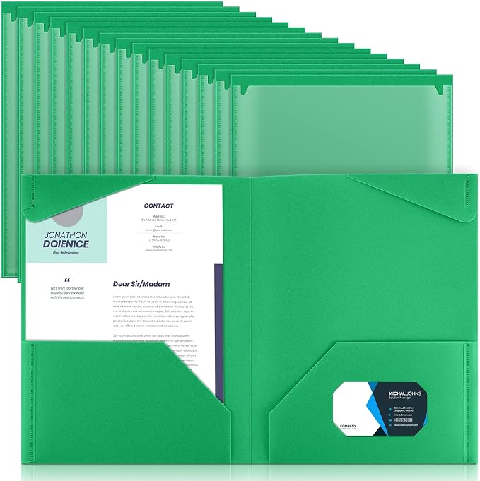 Henoyso 18 Pack Green Plastic Folders with Clear Front Pockets Heavy Duty File Folders with 2 Pockets and Card Slot for Student Communication School Office Presentation Report