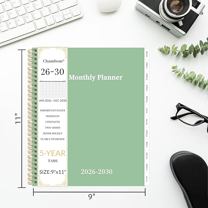 2026-2030 Monthly Planner 5 Year Monthly Planner/Calendar 2026-2030, Jan 2026 – Dec 2030, 9" x 11", Tabs, Double-Side Pocket, Holidays, Thick Paper - Green