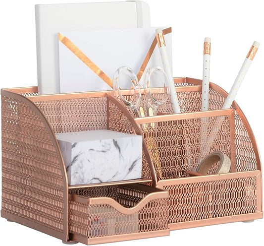 BLU MONACO Rose Gold Mesh Metal Desk Organizer with Drawer – 6 Compartments for Office Supplies & Accessories