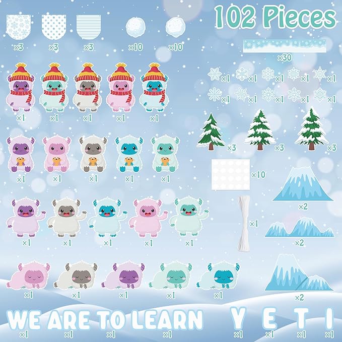 Christmas Bulletin Board Decoration - 123pcs Snow Monster Cutout with Banner Decor Set, Winter Yeti Fireplace Chalkboard Classroom Wall Accents Ideas Kits for School Class Home Supplies