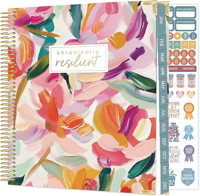 bloom daily planners Undated Chronic Illness Planner & Medical Journal - 12 Month Pain & Symptom Tracker, Mood & Medication Log, Appointment Organizer (7” x 9”) - Brushstroke Blooms