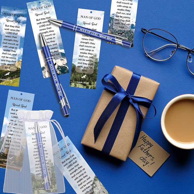 Dispowreath 24 Pcs/12 Sets Father's Day Christian Gift Man of God Bookmark Church Gift, Include 12 Isaish 40: 31 Bookmark 12 Bible Verse Ballpoint Pen for Men Church Prizes Party Favors