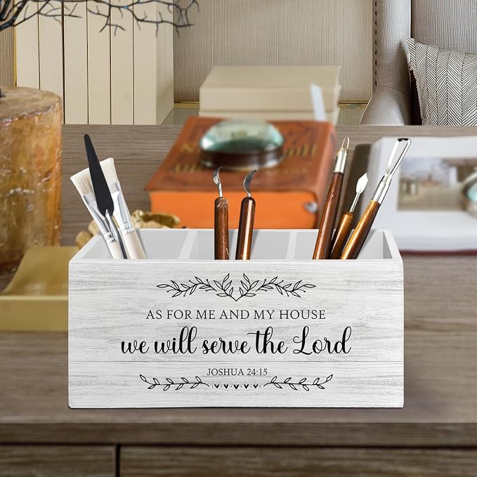Christian Gifts for Women Men, Christian Pen Pencil Holder Organizer for Desk Accessories, Joshua 24:15 Bible Verse Scripture Wooden Box Sign Desk Decor for Home Office Decoration