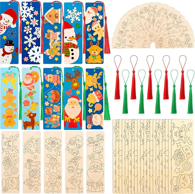 AmazingSpark 100 Pcs Winter Wood Bookmarks DIY Crafts Kit, 50 Set Christmas Color Your Own Blank Bookmarks with Tassel Santa Snowmen for Classroom Art Gifts Teacher Student Reward