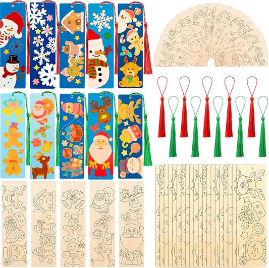 AmazingSpark 100 Pcs Winter Wood Bookmarks DIY Crafts Kit, 50 Set Christmas Color Your Own Blank Bookmarks with Tassel Santa Snowmen for Classroom Art Gifts Teacher Student Reward