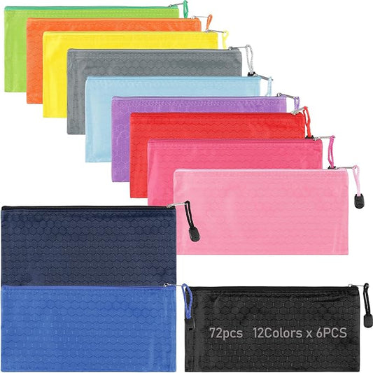 72pcs Waterproof Zipper Pencil Pouches, 9.3x4.5 Inches Bill Size, 12 Colors for Office Supplies Organization Travel Accessories Storage