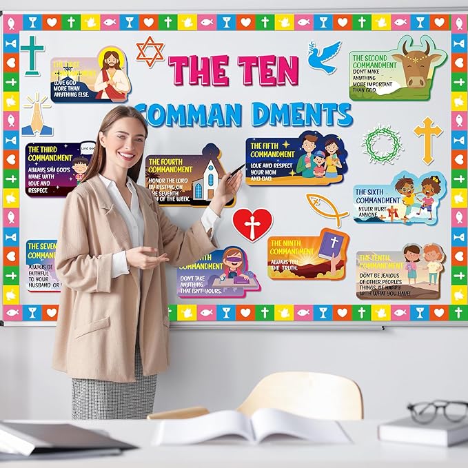 gisgfim Ten Commandments Bulletin Board Decorations Set Classroom Religious Jesus Paper Cutouts Christian Bible Verse Bulletin Board Decor for Back to School Sunday School Church Chalkboard Wall