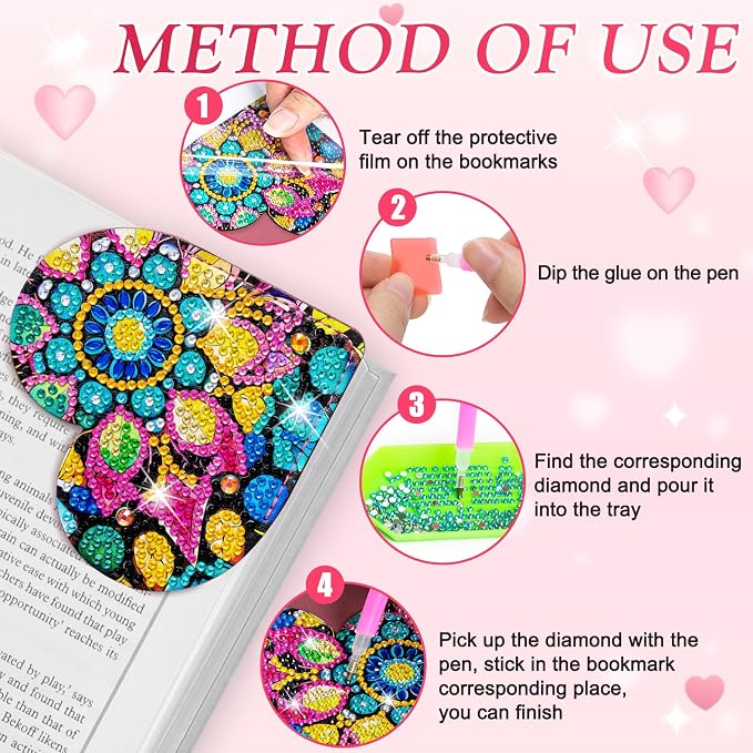 WIVICO 4 pcs Diamond Painting Bookmarks, DIY Diamond Art Kits for Adults, Book Corner - Protecting Bookmark Craft Supplies Kits for Book Lovers(Heart)