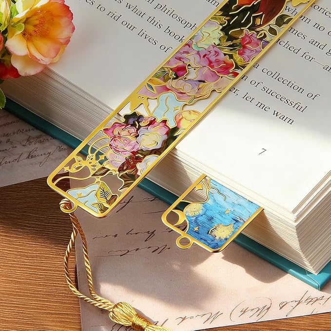 Kinsound Metal Bookmarks with Tassel, Golden Van Gogh Monet Oil Painting Theme Cute Hollow Book Markers for Reading Women, Teachers, Students, Reading Accessories Gifts for Book Lovers (Style B(6PCS))