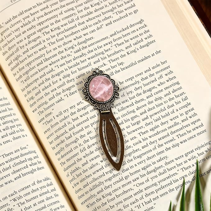 Vintage Rose Quartz Bookmark with Natural Crystal Stone - Fantasy Brass Metal Bookmarks for Reading Women, Men, Book Lovers, Girls and Teachers Book Marks(Rose Quartz)