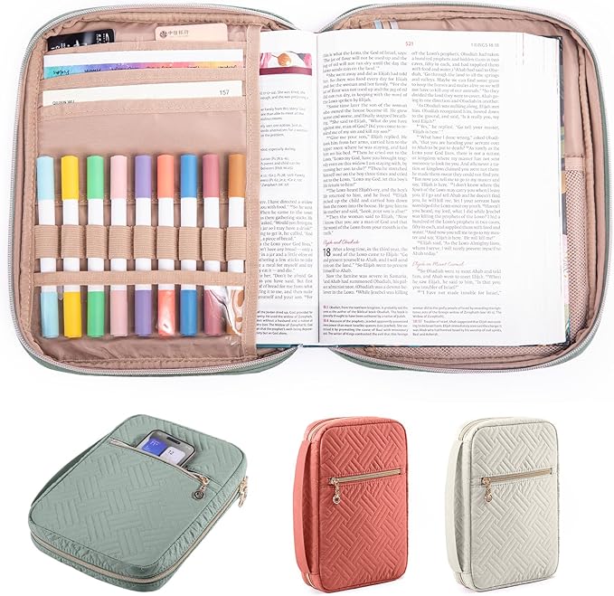 APLUFINE Quilted Bible Cover for Women, Large Bible Bag with Handle & Shoulder Strap, Bible Study Supplies Organizer, Zipper Bible Carrying Case, Christian Gift Book Cover Fits 9 x 6 Bible