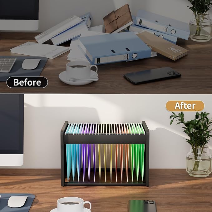 Bamboo Hanging File Organizer, Office Desk File Organizer for Letter Size, Wood Hanging File Folders Organizer Record Holder Storage Stand Bookshelf Easy Assembly, Black