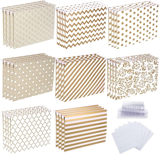 Estune 32 Pcs Decorative Hanging File Folders Letter Size Cabinet File Folders Organizers with 1/5 Cut Adjustable Tabs for Office Desk School Filing Cabinet Home(Gold Stripe)
