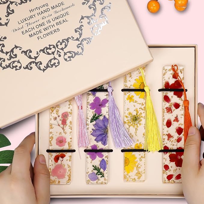 4 Pieces Dried Flower Resin Bookmark for Men Women Book Lovers, Handmade Transparent Floral Pressed Flower Book Mark Bookmarks Box Set, Ideal for Birthday Present, Teachers Appreciation