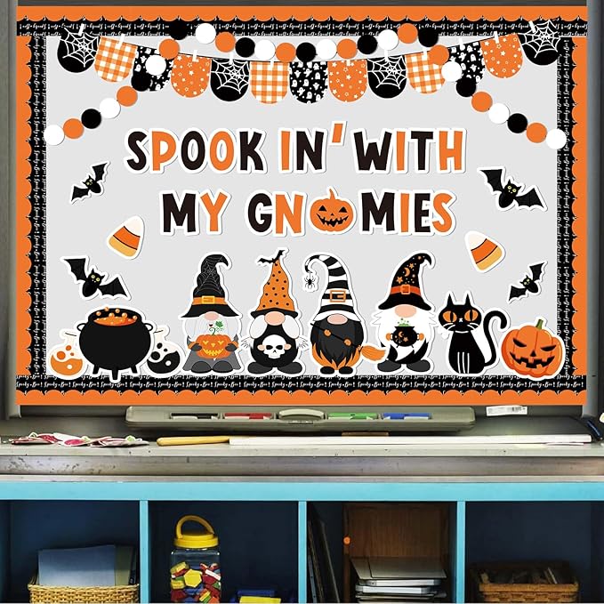 Whaline 113 Pcs Halloween Gnome Bulletin Board Decoration Black Orange Gnome Pumpkin Bats Paper Cutouts with 200 Pcs Glue Points for Holiday Party Home Classroom