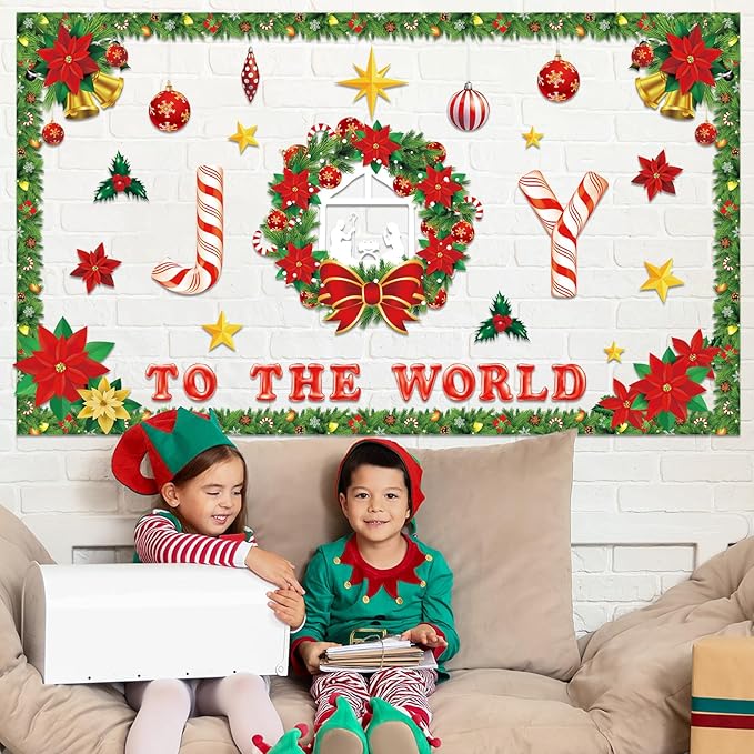 Christmas Nativity Bulletin Board Decorations Religious Joy to The World Classroom Decoration Christian Xmas Wreath Cutouts for Winter Holiday Home Office Church Sunday School Chalkboard Wall Supplies