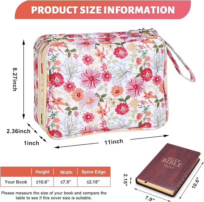 Bible Bag for Girls Organizer - Dual Zipper Compartments with 7 Pen Slots for Church Bible Study, Christian Gift for Teen (Floral)