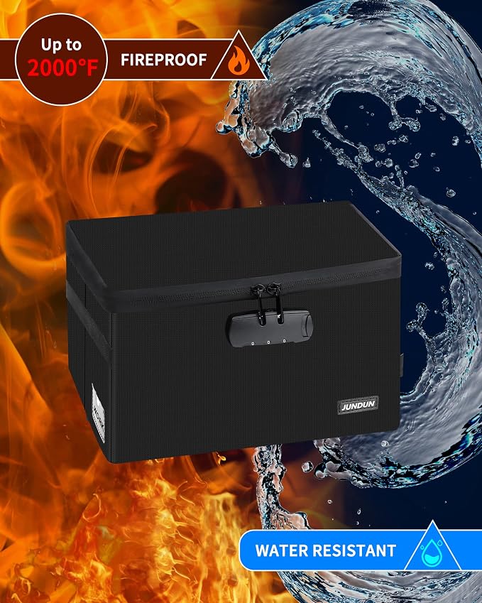 JUNDUN Index Card Holder with Lock,Collapsible Fireproof Index Card Box fits 1200 5x8-Inch Flash Cards - Business, Recipe, or Note Card Storage Boxes - Black