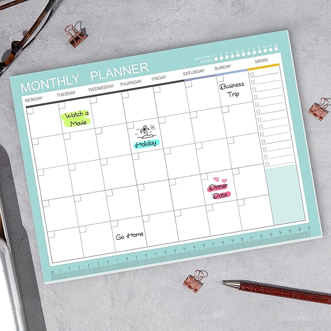 Phyxin Undated Planner, 54 Sheets Blank Calendar, 11.2" x 8.3" Monthly Calendar Planner, Tear Off Undated Monthly Planner with Memo for Women, Students, Teachers, Green