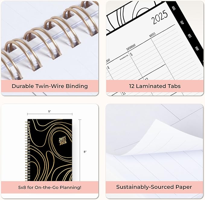 Blue Sky Idlewild 2025-2026 Weekly and Monthly Academic Year Planner Calendar, July 2025 - June 2026, 5" x 8", Flexible Cover, Wirebound, Laminated Tabs, Storage Pocket, Black Swirl