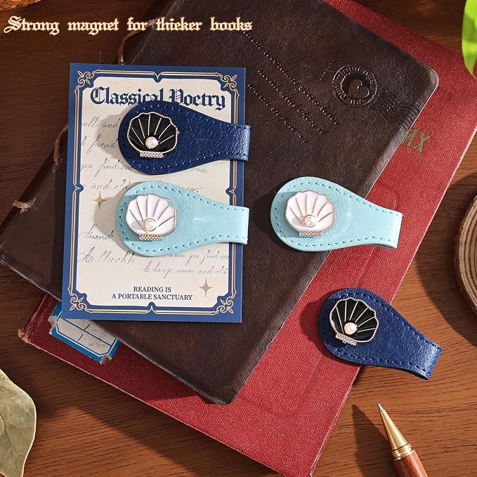 2PCS Magnetic Bookmarks with Pen Clip, Leather Bookmarks for Women, Magnetic Pen Holder Book Accessories, Gold Shell