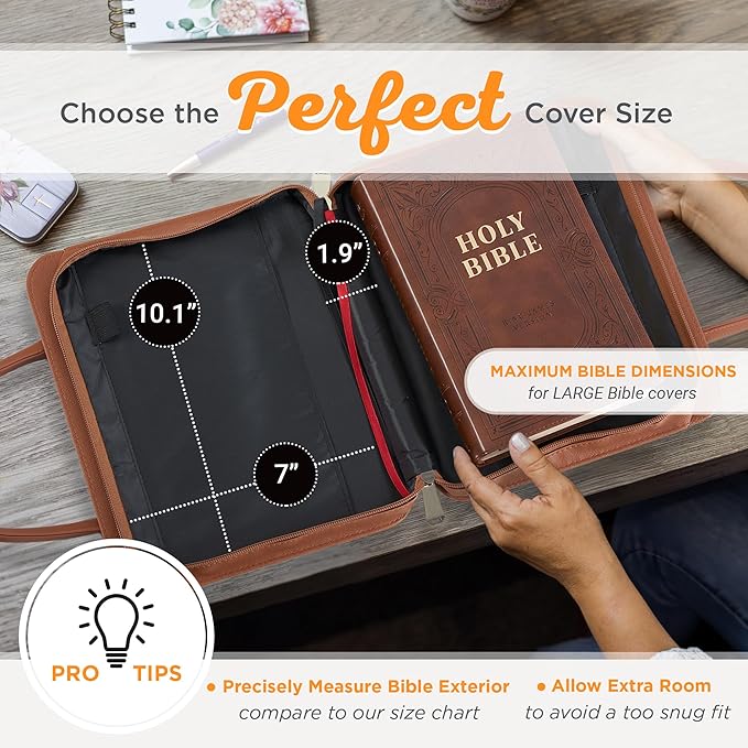 Christian Art Gifts Fashion Vegan Leather Purse Style Bible Cover Case for Women: All Things Through Christ Gold Inspirational Scripture, Pen Loops, Two Handles, Pockets, Navy & Brown Floral, Large