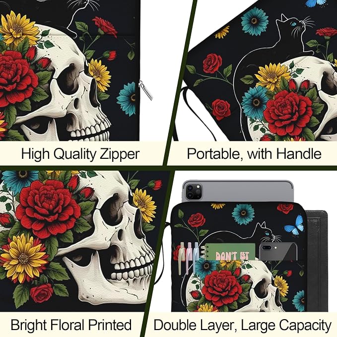Book Sleeve for Book Lovers, Gothic Skeleton Black Cat Print Paperback Book Protector Case,PU Leather Waterproof Book Pouch with Zipper,Book Carrying Case for Hardcover,Birthday Gift for Women