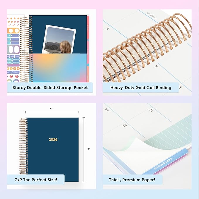Blue Sky Livewell 2026 Daily and Monthly Planner Calendar, January 2026 - December 2026, 7" x 9", Flexible Laminated Cover, Heavy Duty Coil Binding, Colorful Premium Paper, Includes Storage Pocket, Stickers, Navy