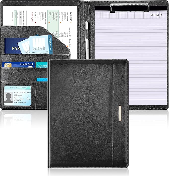 Padfolio with Clipboard, PU Leather Business Portfolio Binder, Interview Resume Folder with Card Holder, A4 Letter Document Organizer Included Writing Note Pad for School Office Conference (Black)