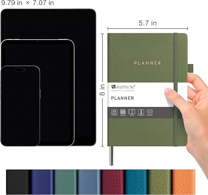 And Per Se Undated Weekly Planner 2026, A5 size Leather Hardcover Planner with Goals & Habit Tracker – ADHD Planner & Productivity Journal (Olive Green)