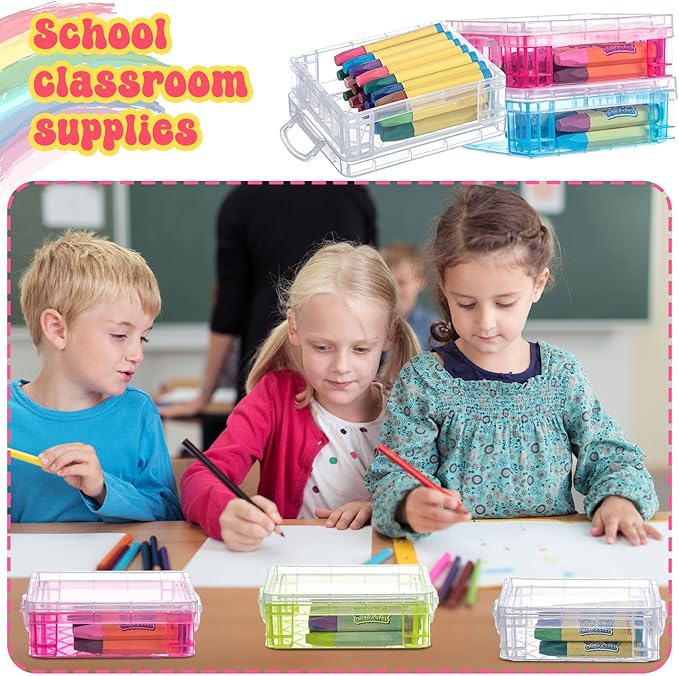 Suzile 25 Pcs Plastic Crayon Boxes with Snap Lids Crayon Storage Organizer Stackable Container Bulk Pencil Case for Pen Crafts Classroom Supplies (Clear, Pink, Blue, Green)