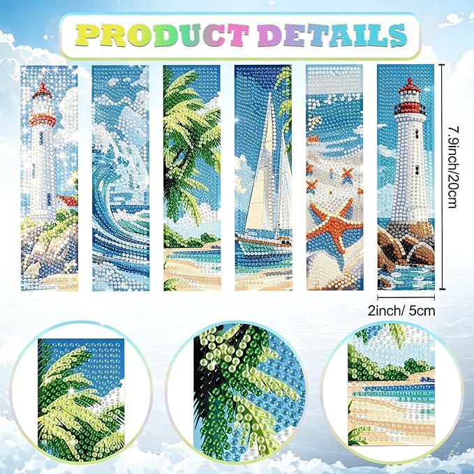 6Pcs 5D Diamond Painting Bookmarks Kit, Ocean Theme DIY Diamond Art Book Marks with Tassels, Diamond Dotz Bookmark Set for Adults Kids Beginners Craft Gift